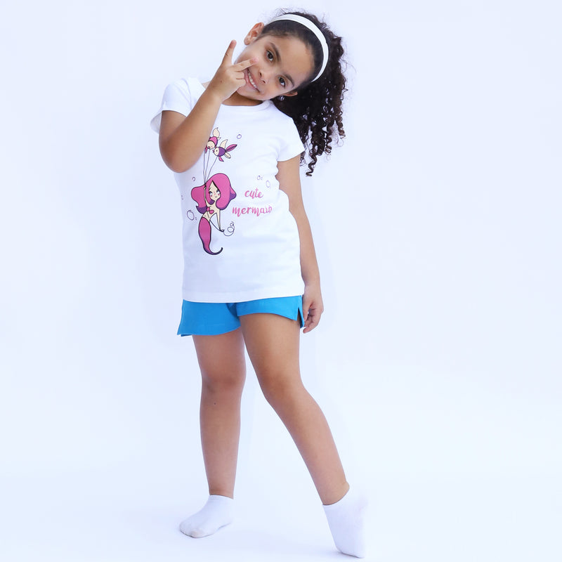 Cotton Jersey Mermaid & Fishies Print Short-Sleeved T-Shirt, Shorts & Pants Set Pajama