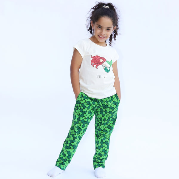 Cotton Jersey Mermaid Believe Print Short-Sleeved T-Shirt, Shorts & Pants Set Pajama