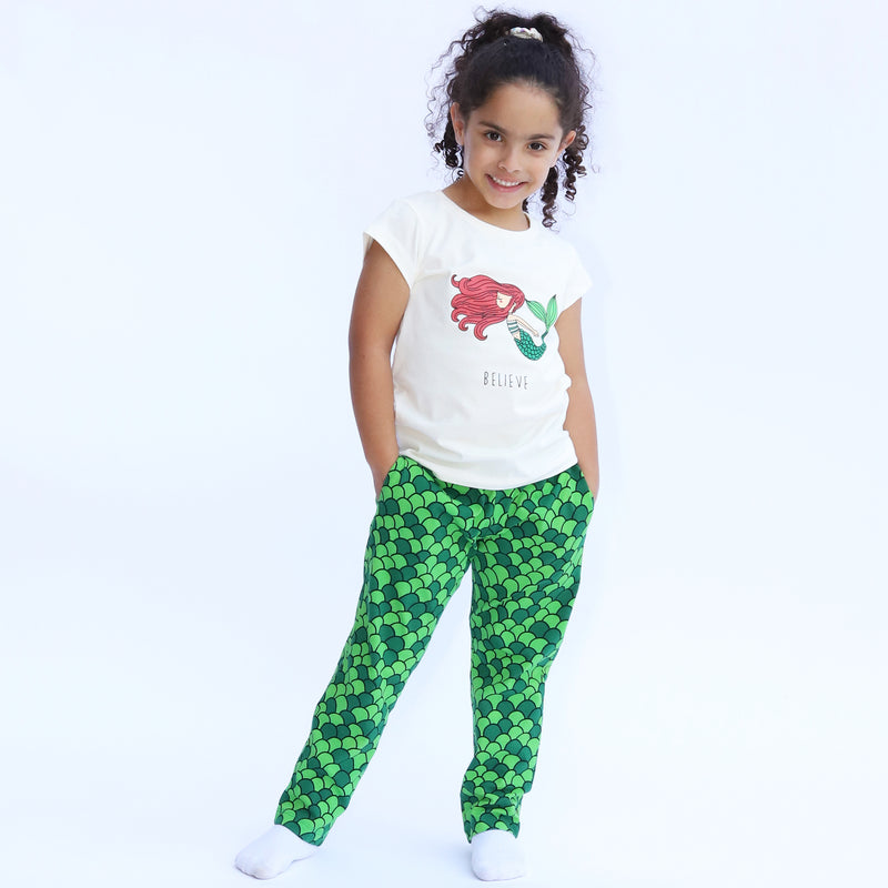 Cotton Jersey Mermaid Believe Print Short-Sleeved T-Shirt, Shorts & Pants Set Pajama