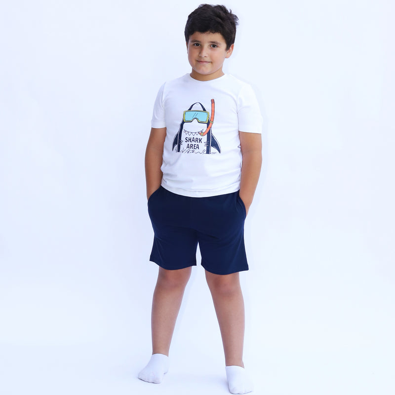 Cotton Jersey Shark Area Print Short-Sleeved T-Shirt, Shorts & Pants Set Pajama
